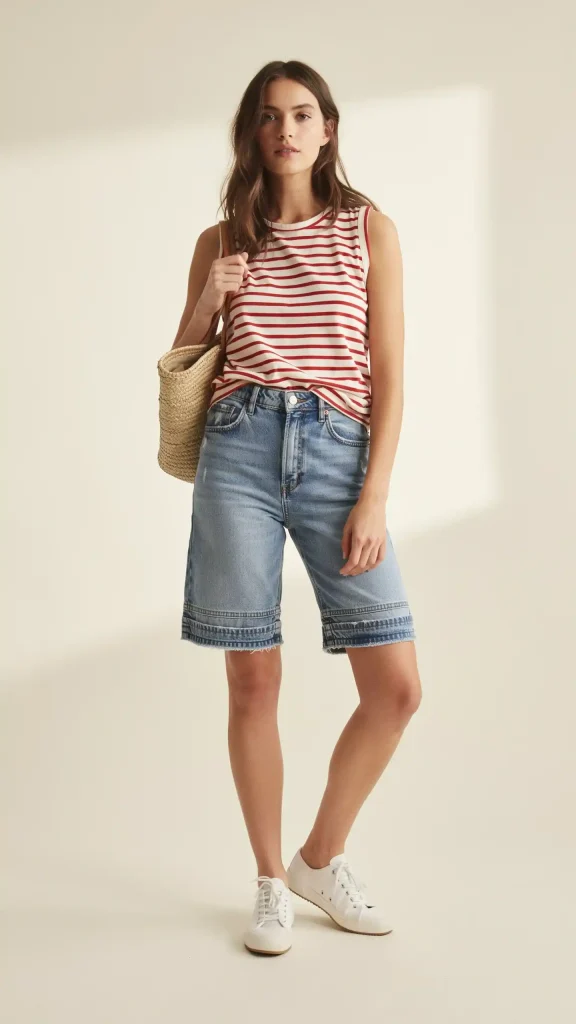 Red-Striped-sleeveless-shirt-with-cuffed-jorts-effortless-summer-outfit Red Striped sleeveless shirt with cuffed jorts effortless summer outfit