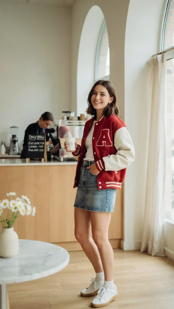 Red-Varsity-Jacket-Outfit-with-Denim-Skirt-Look Red Varsity Jacket Outfit with Denim Skirt Look
