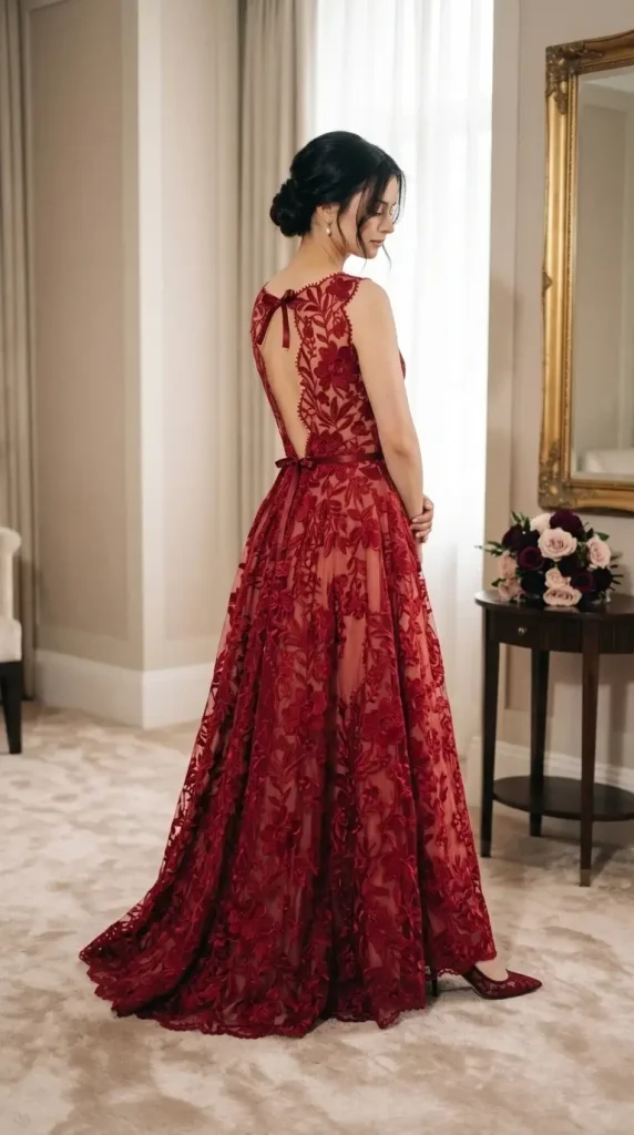 Ruby-Red-Floral-Lace-Wedding-Dress-with-Elegant-Sheer-Back Ruby Red Floral Lace Wedding Dress with Elegant Sheer Back
