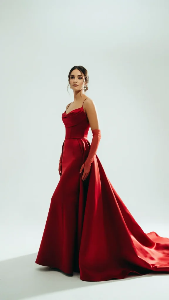 Ruby-Red-Satin-Mermaid-Wedding-Dress-with-Dramatic-Overskirt Ruby Red Satin Mermaid Wedding Dress with Dramatic Overskirt