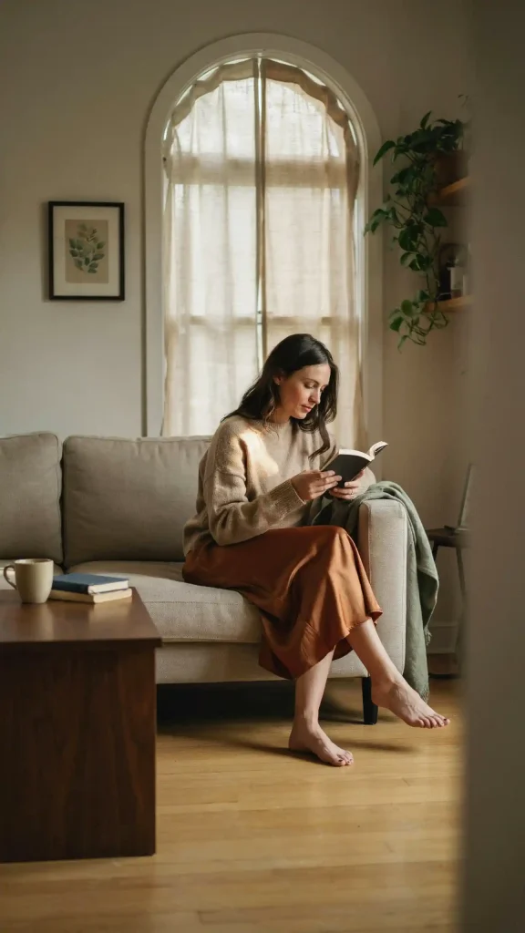Rust Satin Midi Skirt with Soft Almond Cashmere Sweater