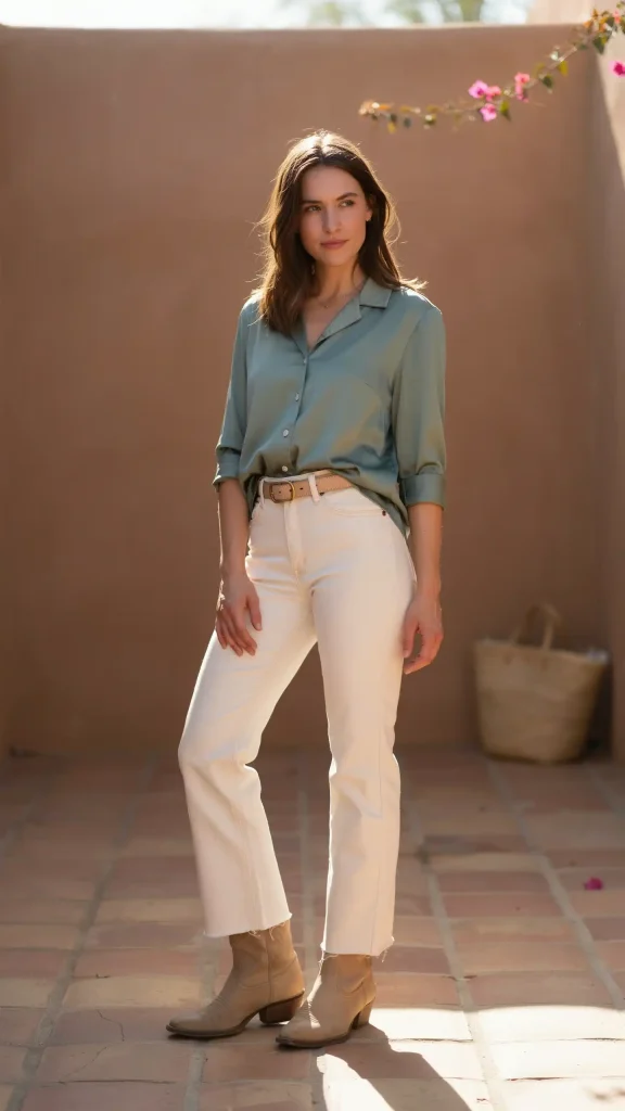 Sage-Green-Satin-Shirt-With-Ivory-Flared-Pants-Look Sage Green Satin Shirt With Ivory Flared Pants Look
