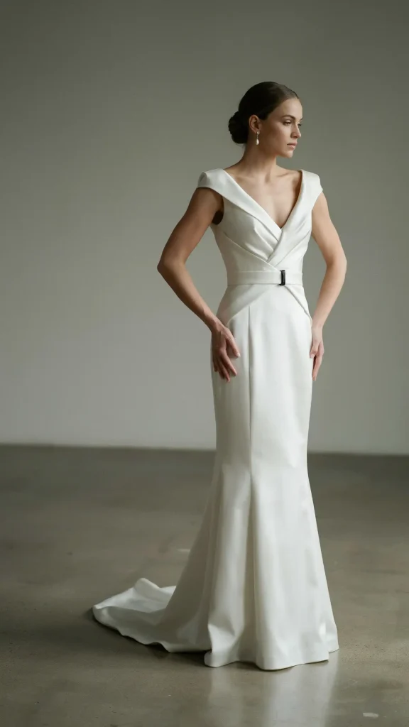 Satin-gothic-white-wedding-gown-with-structured-architectural-design Satin gothic white wedding gown with structured architectural design
