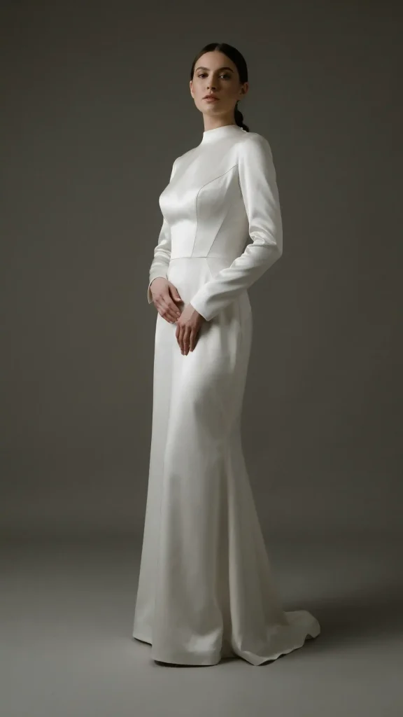 Satin-white-gothic-bridal-gown-with-dramatic-high-neckline Satin white gothic bridal gown with dramatic high neckline