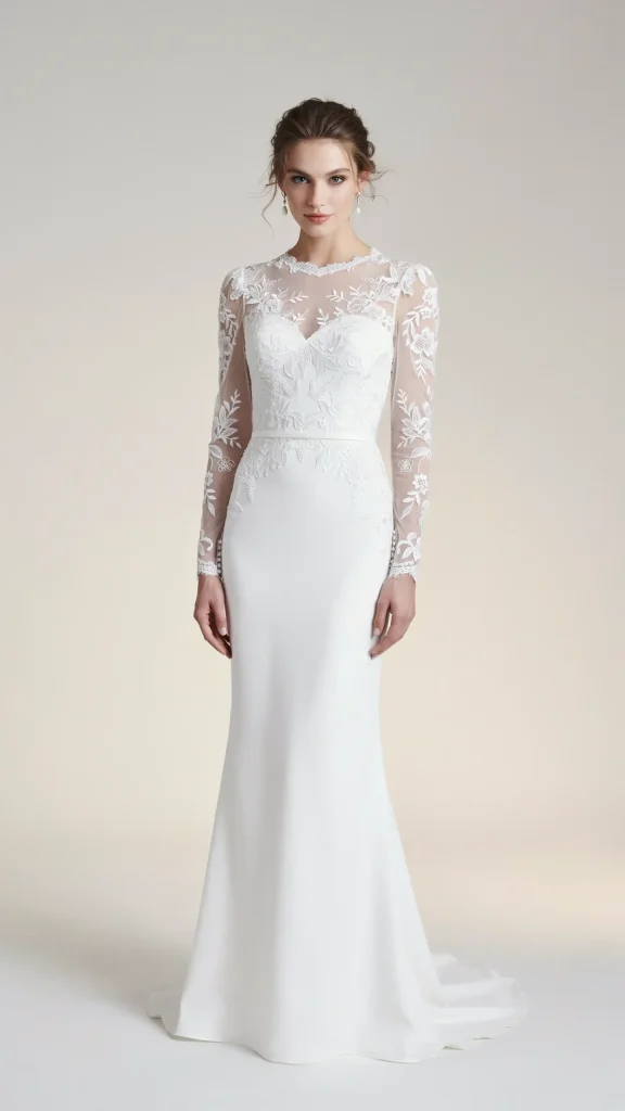 Sheer-sleeve-gothic-white-wedding-dress-with-floral-embroidery Sheer sleeve gothic white wedding dress with floral embroidery