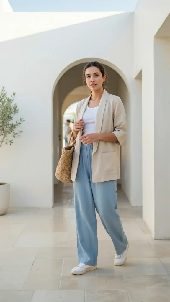 Sky-Blue-Linen-Pants-Outfit-Featuring-Relaxed-Beige-Linen-Vest Sky Blue Linen Pants Featuring Relaxed Beige Linen Vest
