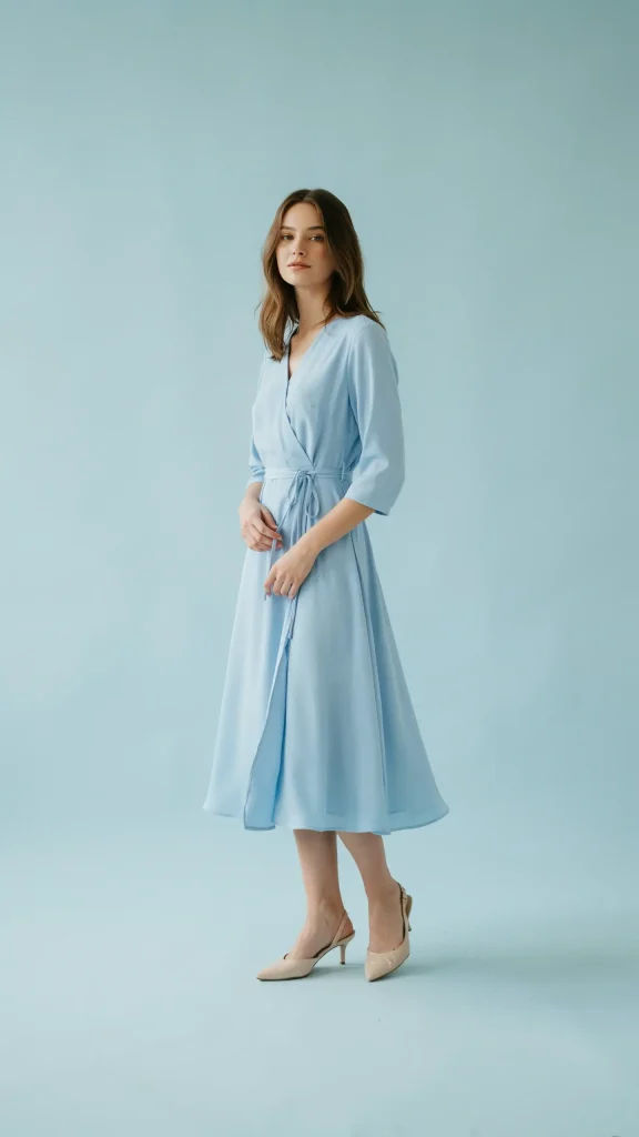 Sky-Blue-Wrap-Dress-With-Thin-Waist-Tie-Detail Sky Blue Wrap Dress With Thin Waist Tie Detail