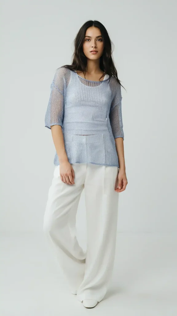 Soft-Blue-Mesh-Top-with-White-Wide-Leg-Trousers Soft Blue Mesh Top with White Wide Leg Trousers