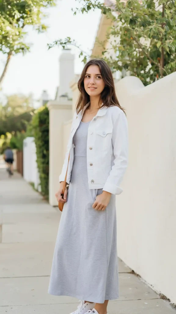 Soft-Gray-Cotton-Maxi-Dress-with-White-Denim-Jacket Soft Gray Cotton Maxi Dress with White Denim Jacket
