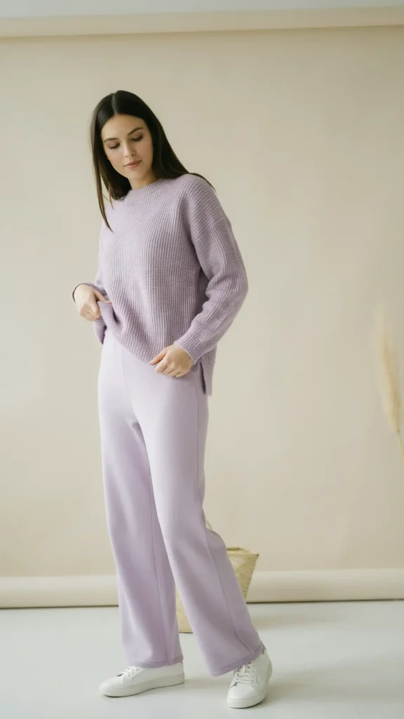 Soft-Lavender-Matching-Knit-Set-with-White-Sneakers-Outfit Soft Lavender Matching Knit Set with White Sneakers Outfit