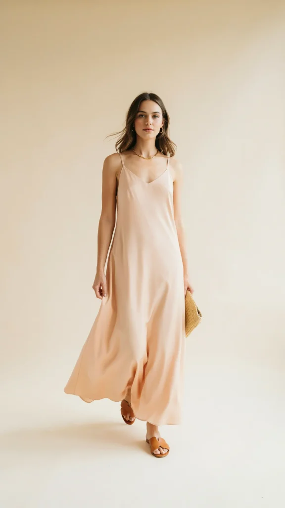 Soft-Peach-Maxi-Dress-With-Minimal-Summer-Accessories Soft Peach Maxi Dress With Minimal Summer Accessories