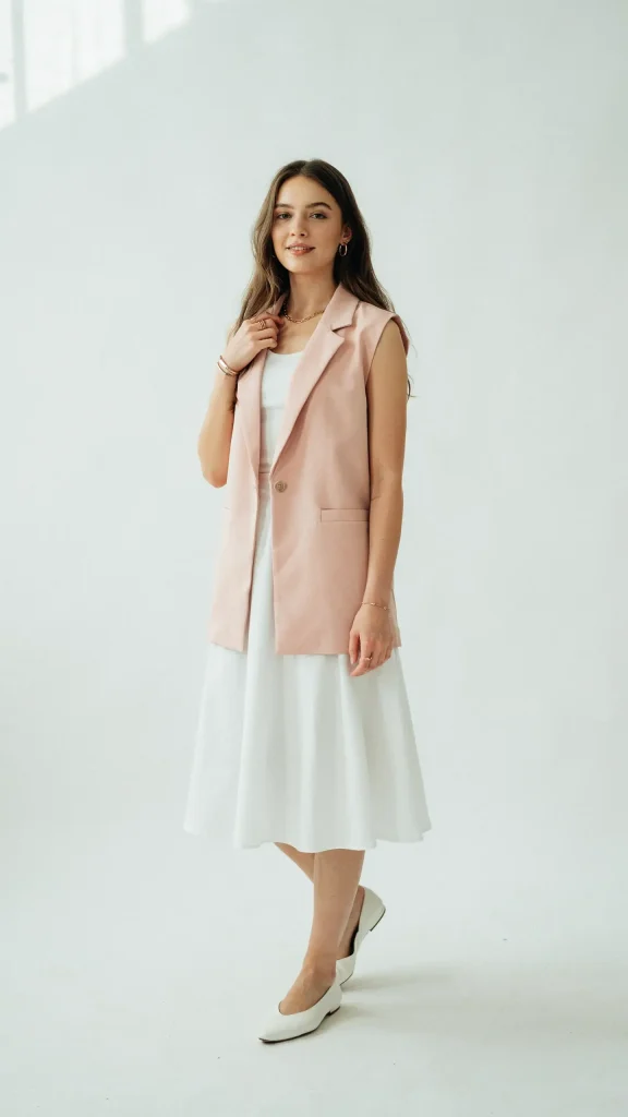 Soft-Pink-Vest-with-White-Skirt-for-Feminine-Summer-Fashion Soft Pink Vest with White Skirt for Feminine Summer Fashion