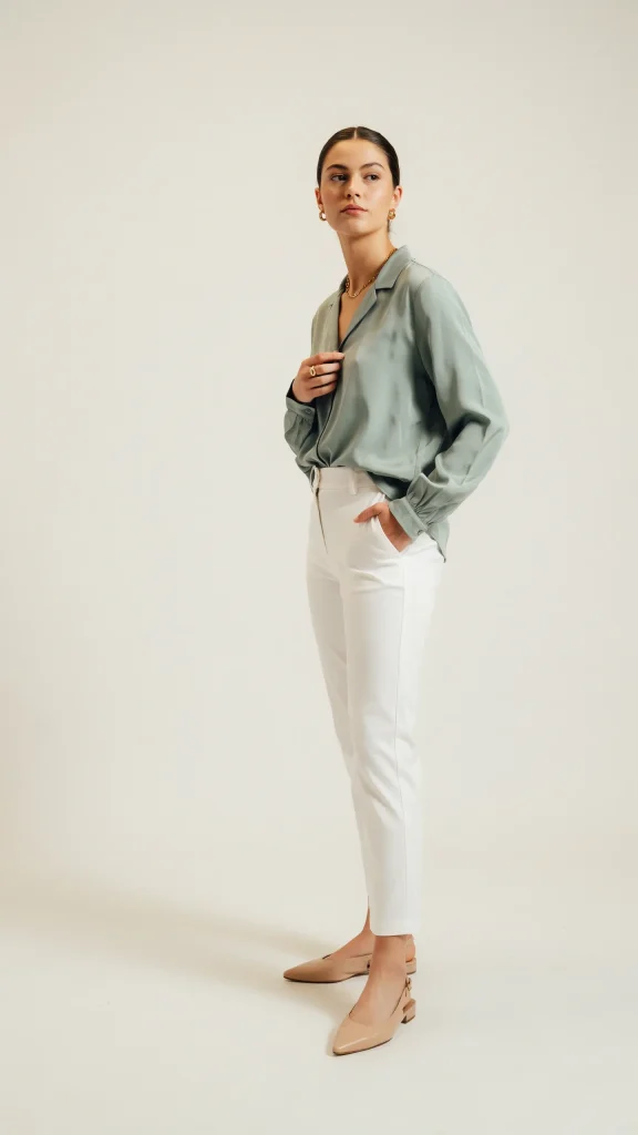 Soft-Sage-Green-Blouse-with-White-Cropped-Tailored-Trousers Soft Sage Green Blouse with White Cropped Tailored Trousers
