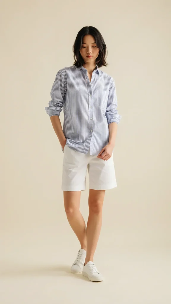 Striped-Light-Blue-Button-Shirt-With-White-Cotton-Shorts Striped Light Blue Button Shirt With White Cotton Shorts