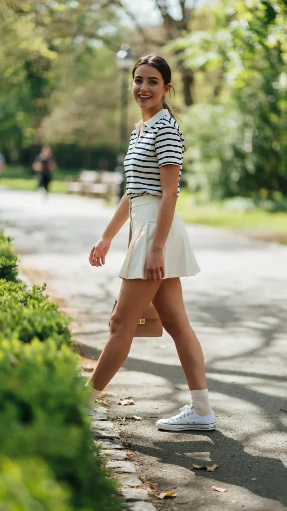 Striped-Polo-Shirt-Outfit-with-Pleated-Skirt-Style Striped Polo Shirt Outfit with Pleated Skirt Style
