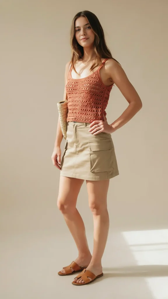 Tangerine-Crochet-Tank-with-Khaki-Cargo-Mini-Skirt-Outfit Tangerine Crochet Tank with Khaki Cargo Mini Skirt Outfit