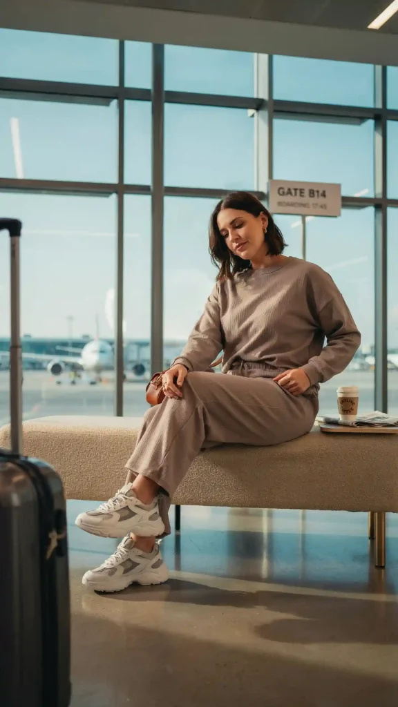 Taupe-Lounge-Set-With-Statement-Sneakers-Travel-Style Taupe Lounge Set With Statement Sneakers Travel Style