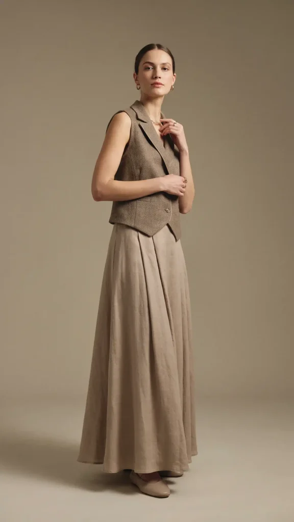 Taupe-Vest-with-Matching-Maxi-Skirt-for-Monochromatic-Style Taupe Vest with Matching Maxi Skirt for Monochromatic Style