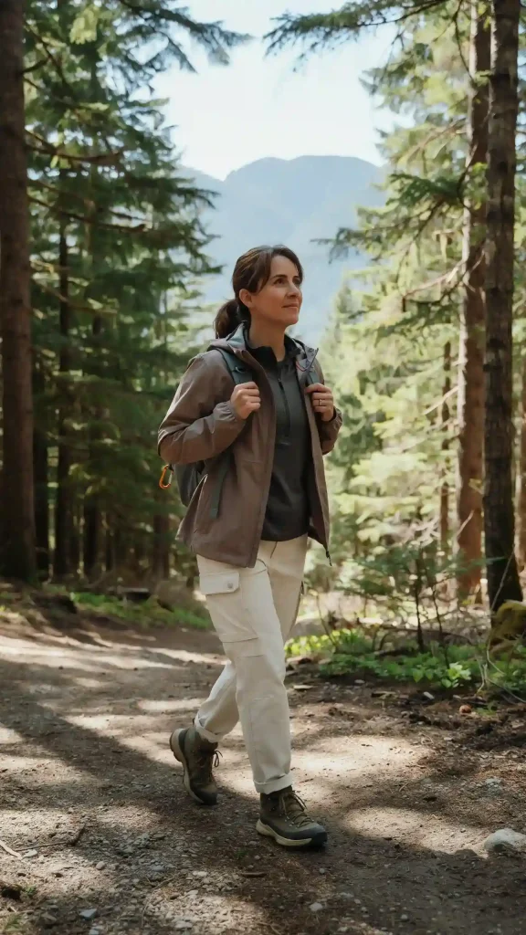 Taupe-Windbreaker-with-White-Cargo-Pants-and-Hiking-Shoes Taupe Windbreaker with White Cargo Pants and Hiking Shoes