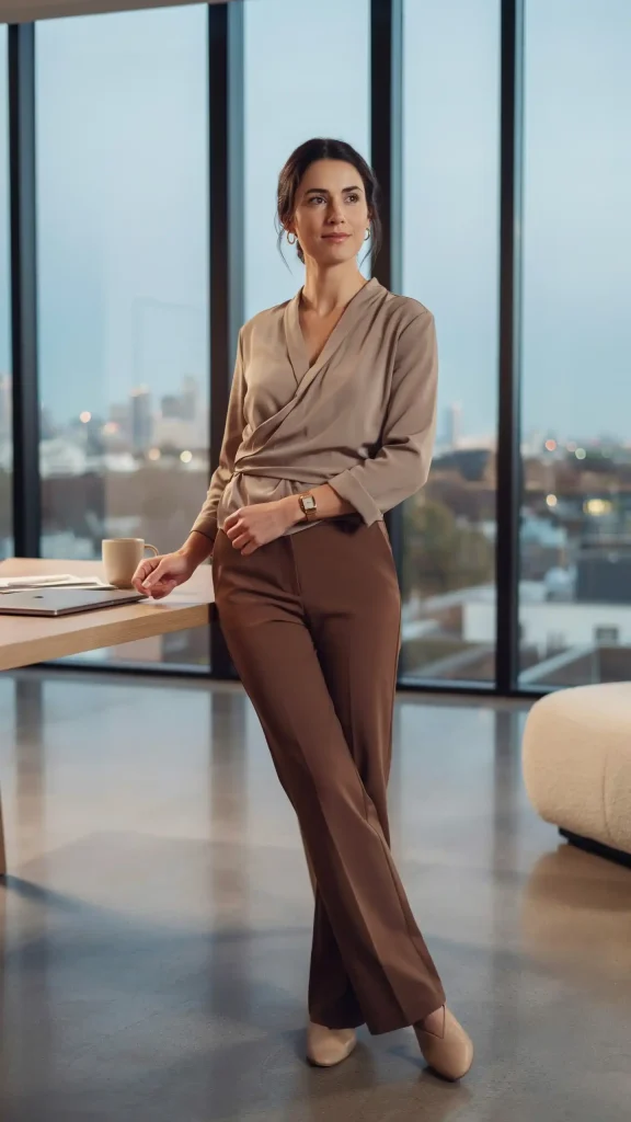 Taupe-Wrap-Blouse-with-Chocolate-Brown-Tailored-Wide-Leg-Pants Taupe Wrap Blouse with Chocolate Brown Tailored Wide Leg Pants