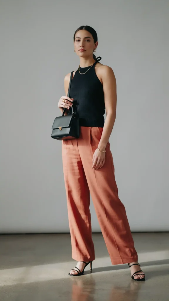 Terracotta-Linen-Pants-Outfit-Styled-with-Black-Halter-Knit-Top Terracotta Linen Pants Styled with Black Halter Knit Top