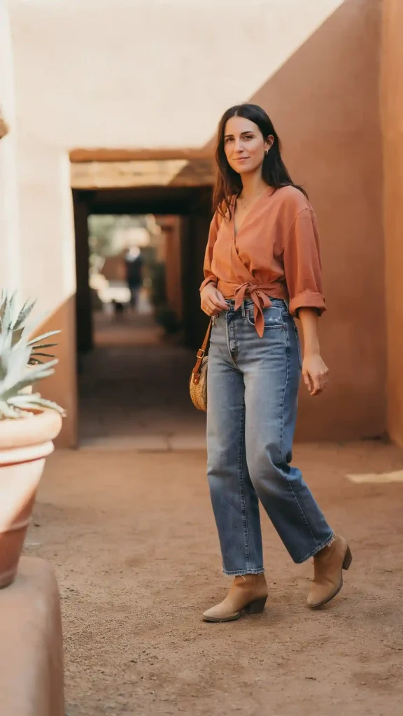 Terracotta-Wrap-Top-With-Wide-Leg-Denim-Style Terracotta Wrap Top With Wide Leg Denim Style