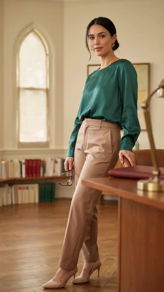 The-Emerald-Satin-Blouse-with-Warm-Taupe-High-Waist-Pants The Emerald Satin Blouse with Warm Taupe High Waist Pants