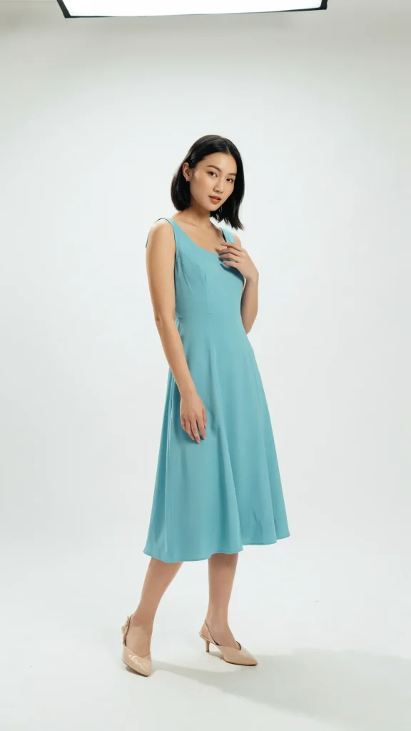 Turquoise-Shoulder-Dress-With-Soft-Summer-Silhouette Turquoise Shoulder Dress With Soft Summer Silhouette