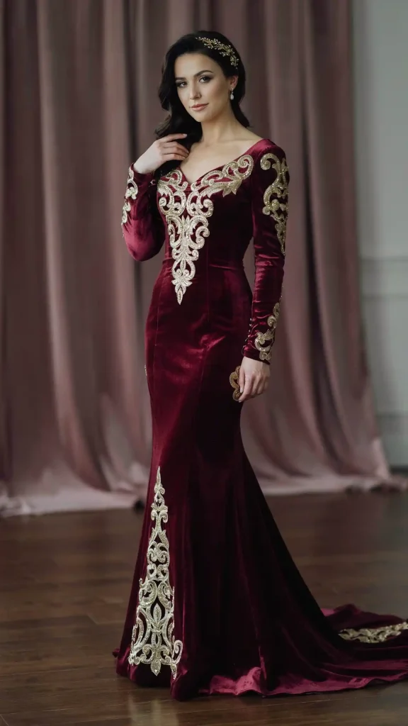 Velvet Burgundy Bridal Gown with Gold Embroidered Regal Details Velvet Burgundy Bridal Gown with Gold Embroidered Regal Details