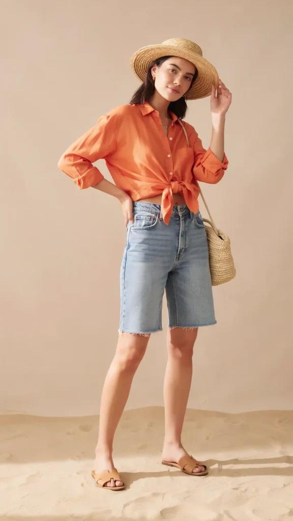 Vibrant-Orange-Linen-button-up-shirt-with-denim-jorts-chic-outfit-idea Vibrant Orange Linen button-up shirt with denim jorts chic outfit idea