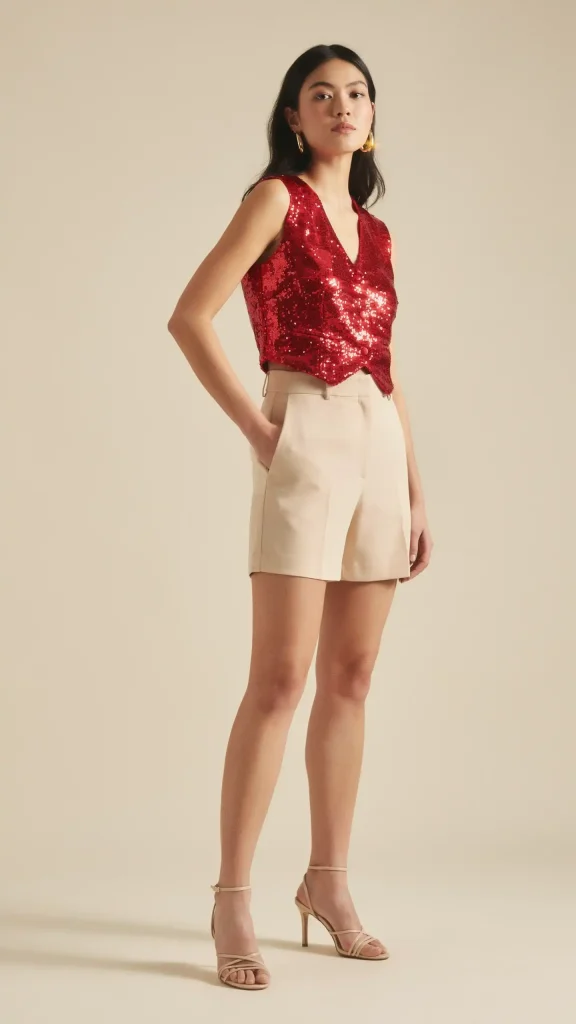 Vibrant-Red-Vest-with-shimmer-and-Beige-Shorts-Stylish-Look Vibrant Red Vest with shimmer and Beige Shorts Stylish Look