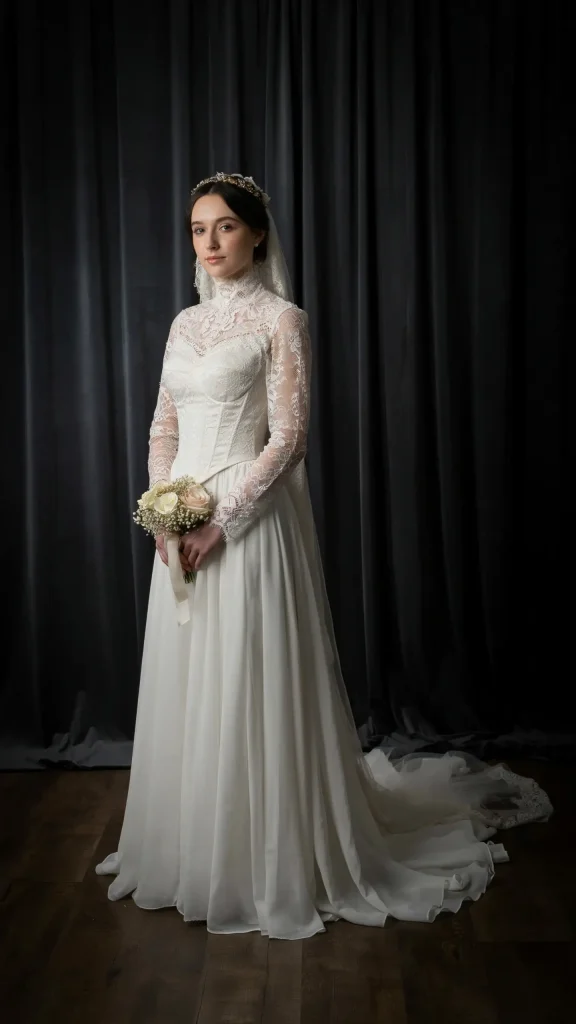 Vintage-inspired-white-gothic-dress-with-high-collar-design Vintage inspired white gothic dress with high collar design