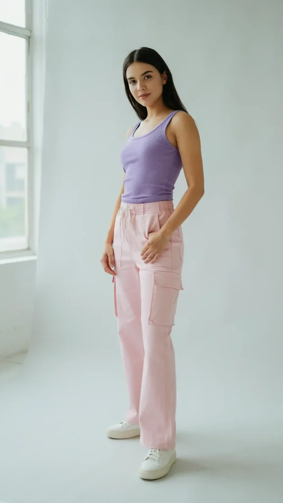 Violet-Fitted-Tank-with-Light-Pink-Cargo-Pants-Outfit Violet Fitted Tank with Light Pink Cargo Pants Outfit