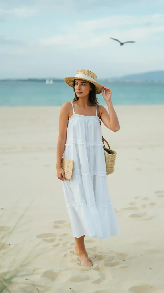 White-Cotton-Tiered-Maxi-Dress-with-Woven-Straw-Accessories White Cotton Tiered Maxi Dress with Woven Straw Accessories