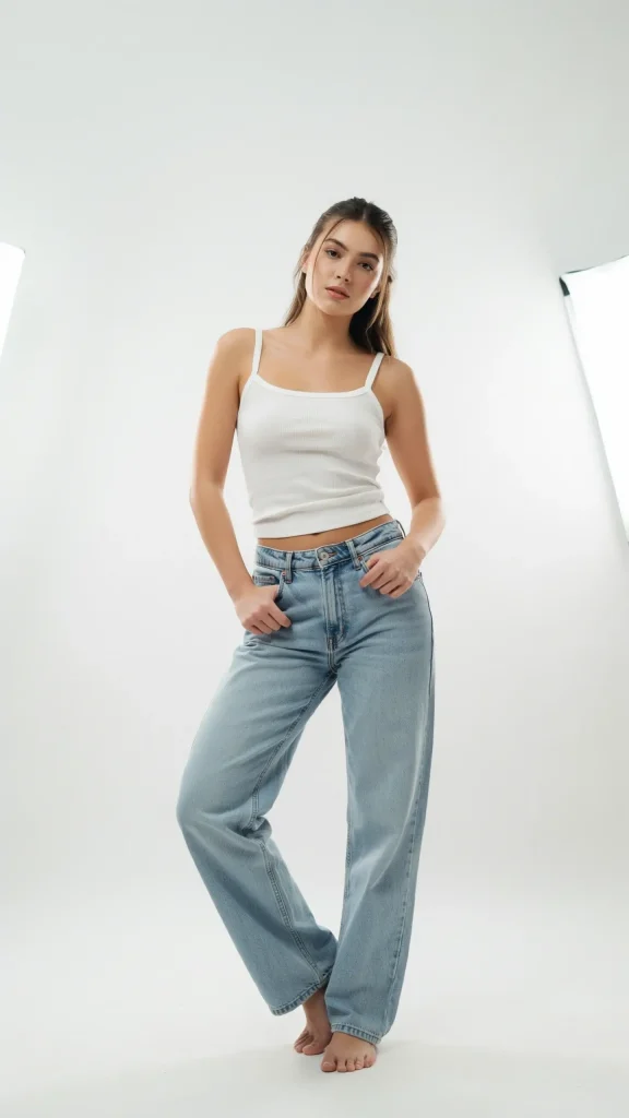 White-Cropped-Cami-with-Light-Blue-Baggy-Jeans-Look White Cropped Cami with Light Blue Baggy Jeans Look