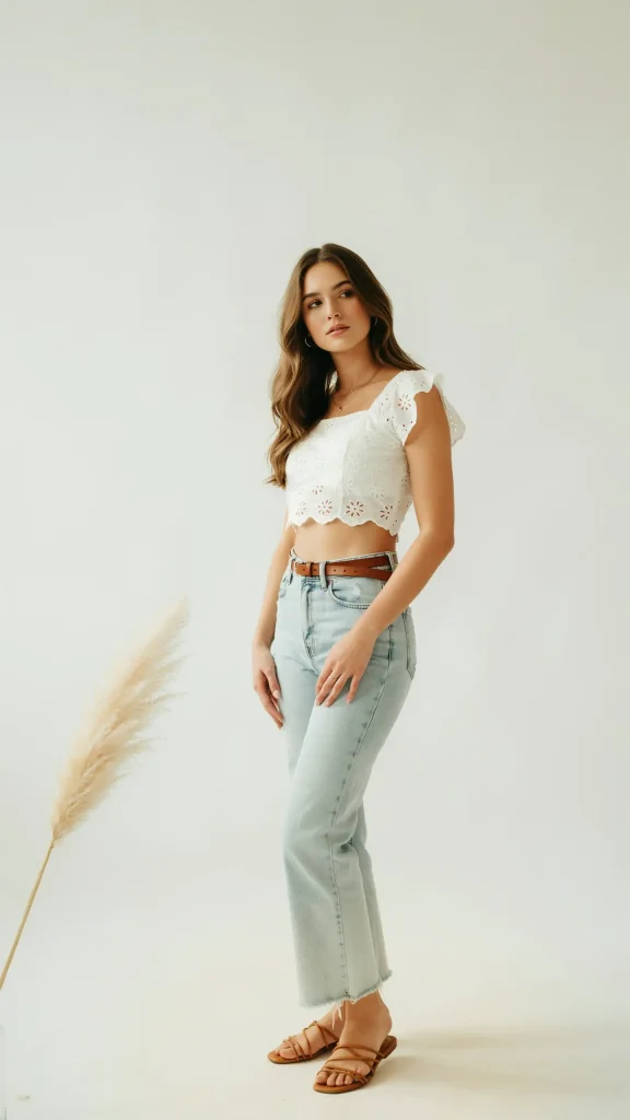 White-Eyelet-Crop-Top-with-Light-Wash-Flare-Jeans-Outfit White Eyelet Crop Top with Light Wash Flare Jeans Outfit