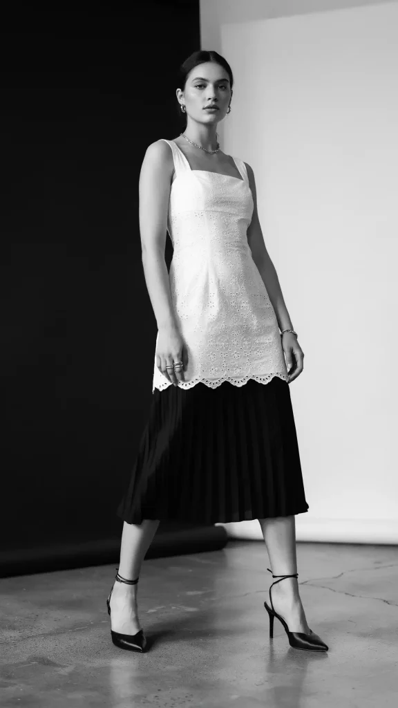 White-Eyelet-Mini-Dress-With-Shimmer-With-Black-Pleated-Skirt White Eyelet Mini Dress With Shimmer With Black Pleated Skirt