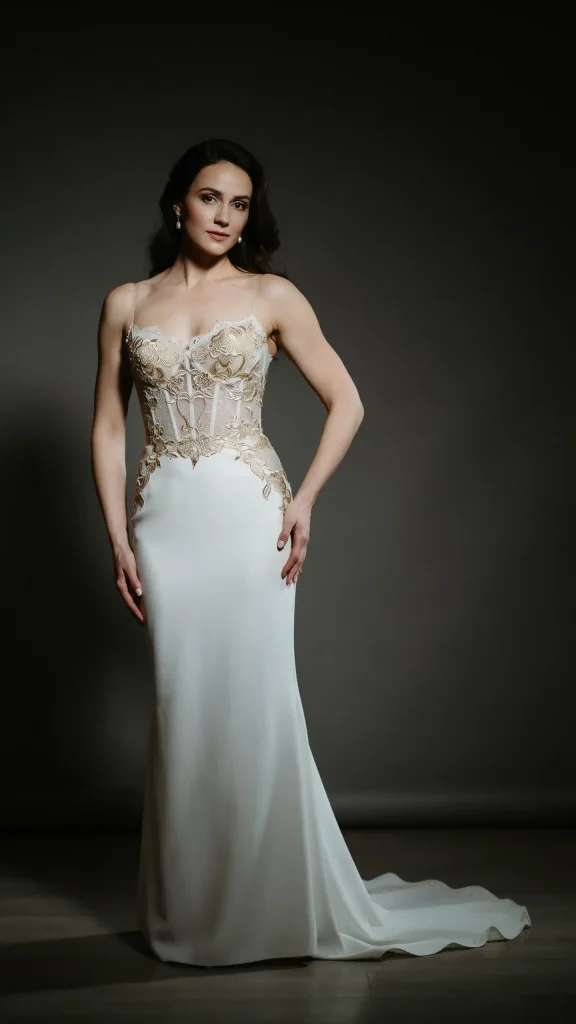 White-Gothic-wedding-dress-with-Golden-lace-corset-detailing White Gothic wedding dress with Golden lace corset detailing