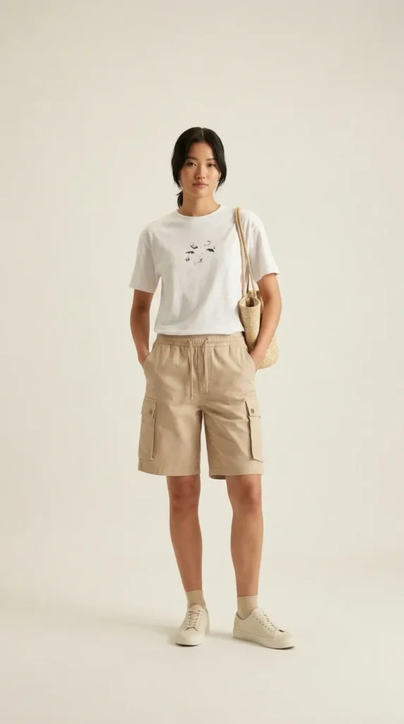 White-Graphic-Tee-With-Beige-Cargo-Summer-Shorts White Graphic Tee With Beige Cargo Summer Shorts