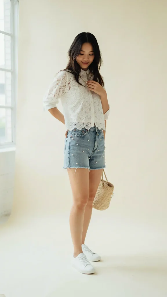 White-Lace-Shirt-With-Pearls-and-Denim-Shorts-With-Pearls-Outfit-Style White Lace Shirt With Pearls and Denim Shorts With Pearls Outfit Style