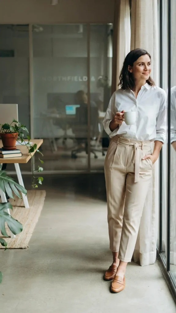 White-Poplin-Shirt-with-Beige-Paperbag-Waist-Tapered-Pants White Poplin Shirt with Beige Paperbag Waist Tapered Pants