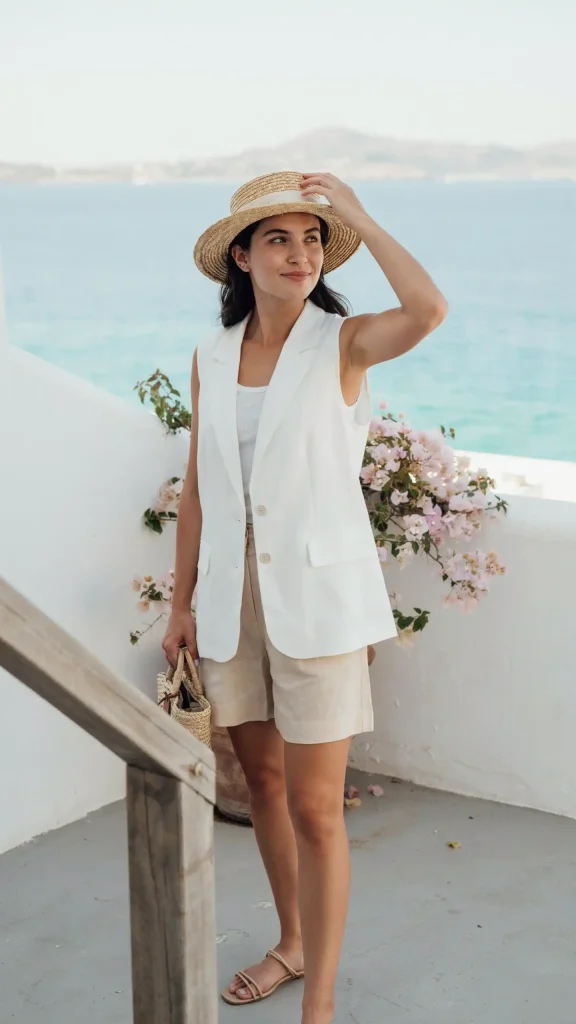 White Suit Vest with Beige Shorts for Vacation Ready Looks