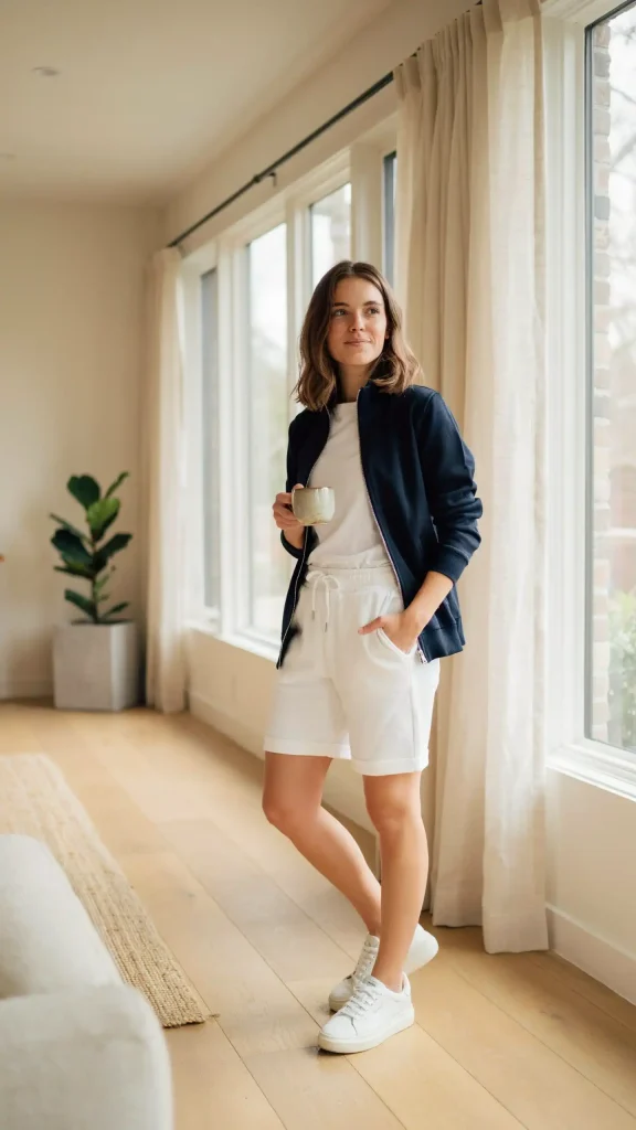 White-Sweat-Shorts-Outfit-with-Zip-Up-Jacket-Style White Sweat Shorts Outfit with Zip-Up Jacket Style