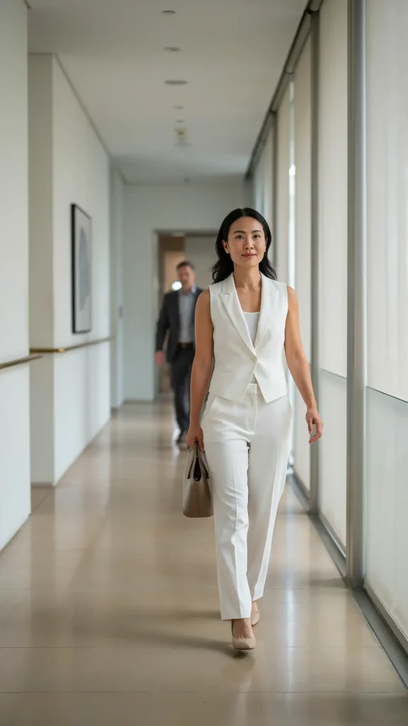 White-Vest-with-Matching-High-Waist-Trousers-and-Nude-Pumps White Vest with Matching High Waist Trousers and Nude Pumps