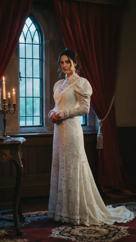 White-Victorian-gothic-wedding-dress-with-puffed-bishop-sleeves White Victorian gothic wedding dress with puffed bishop sleeves