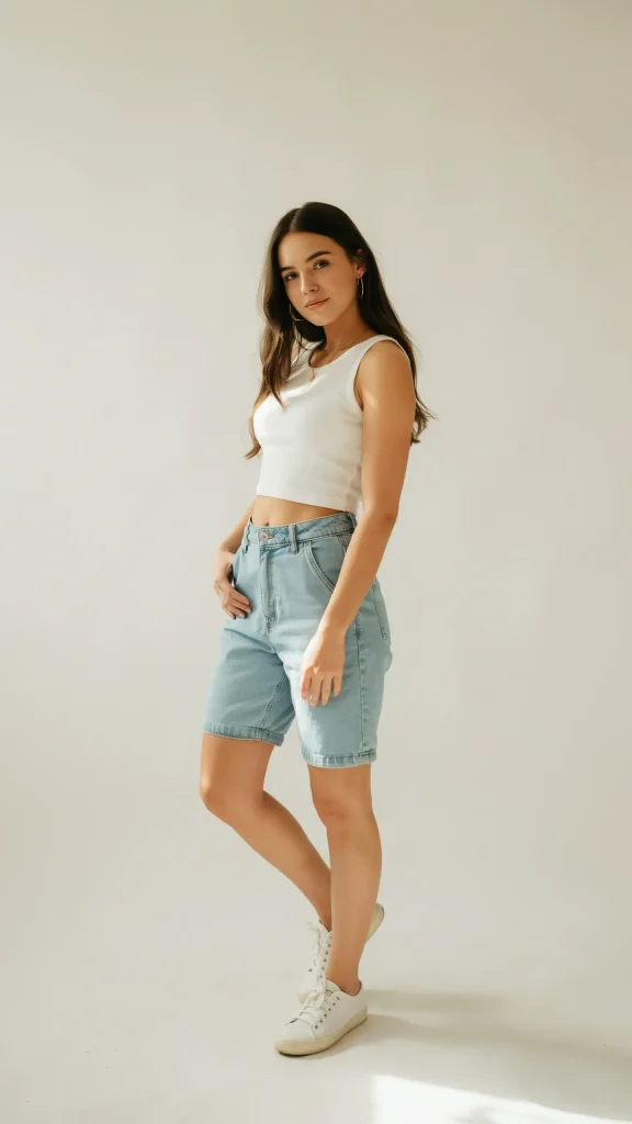 White-crop-top-with-light-blue-jorts-summer-outfit White crop top with light blue jorts summer outfit