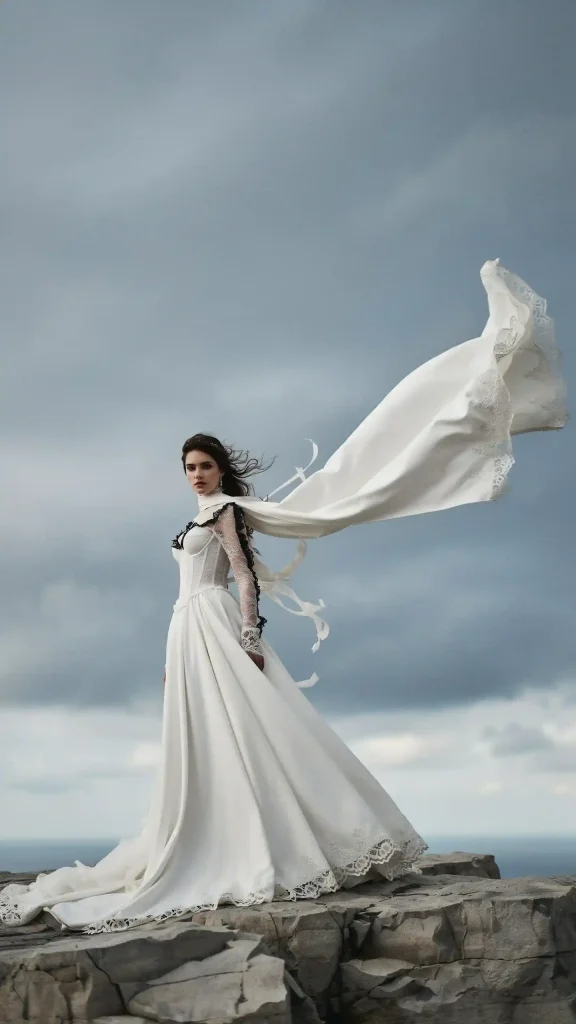 White-gothic-bridal-gown-with-dramatic-cape-and-lace-trim White gothic bridal gown with dramatic cape and lace trim