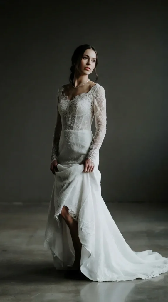 White-gothic-dress-with-asymmetrical-hem-and-lace-detailing White gothic dress with asymmetrical hem and lace detailing