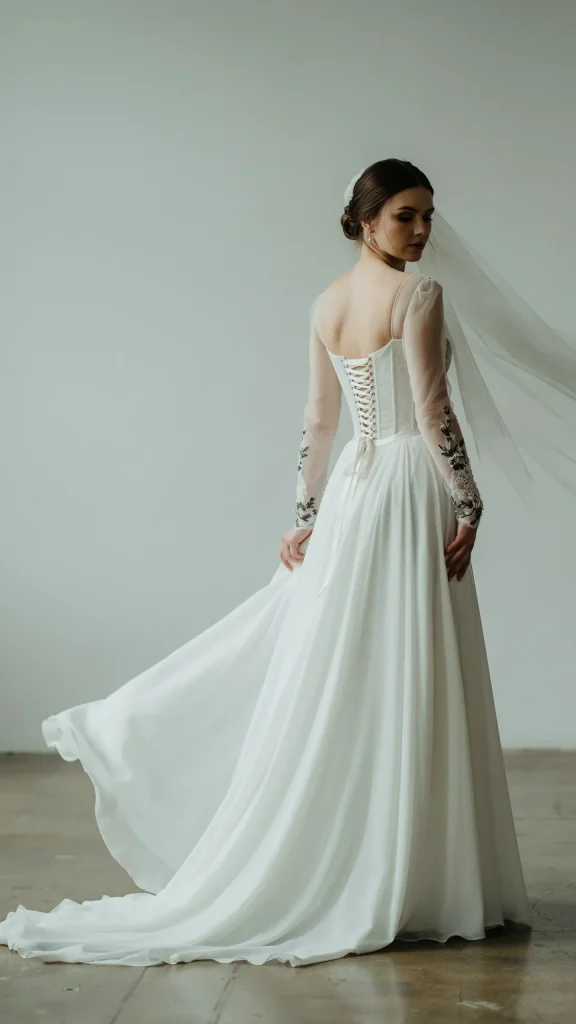 White-gothic-dress-with-corset-lacing-and-flowing-chiffon-skirt White gothic dress with corset lacing and flowing chiffon skirt