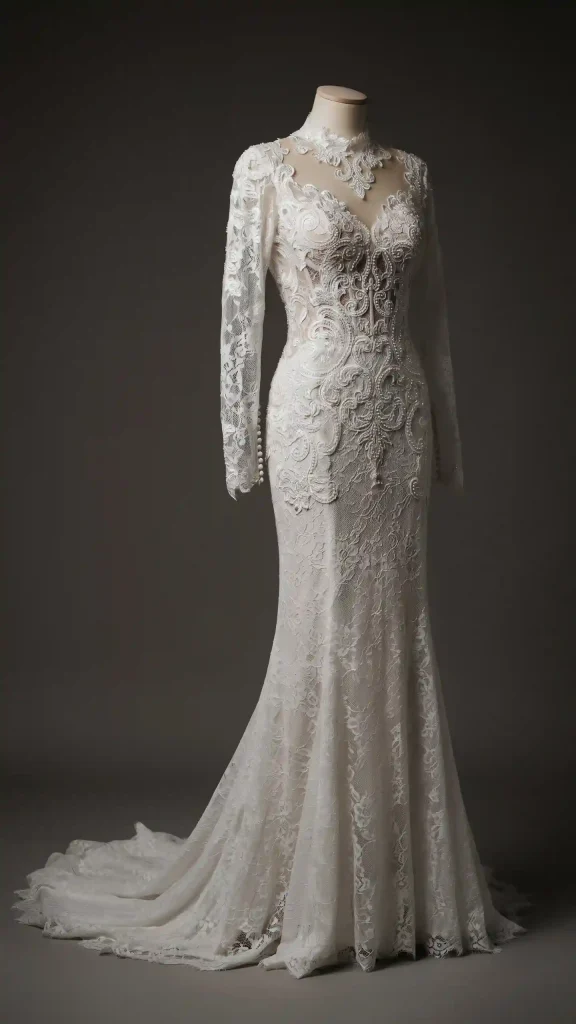 White-gothic-mermaid-dress-with-intricate-baroque-lace-patterns White gothic mermaid dress with intricate baroque lace patterns